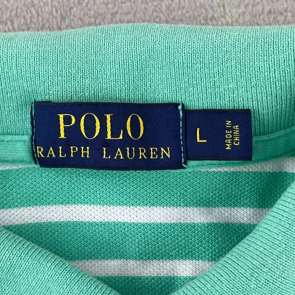Polo Ralph Lauren Polo Shirt Men Large Aqua Green Striped‎ Orange Pony SS Preppy